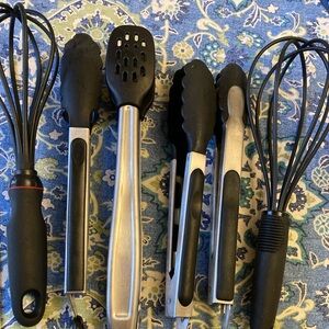 Lot of 6 kitchen tools, whisks, tongs, stainless steel handles.